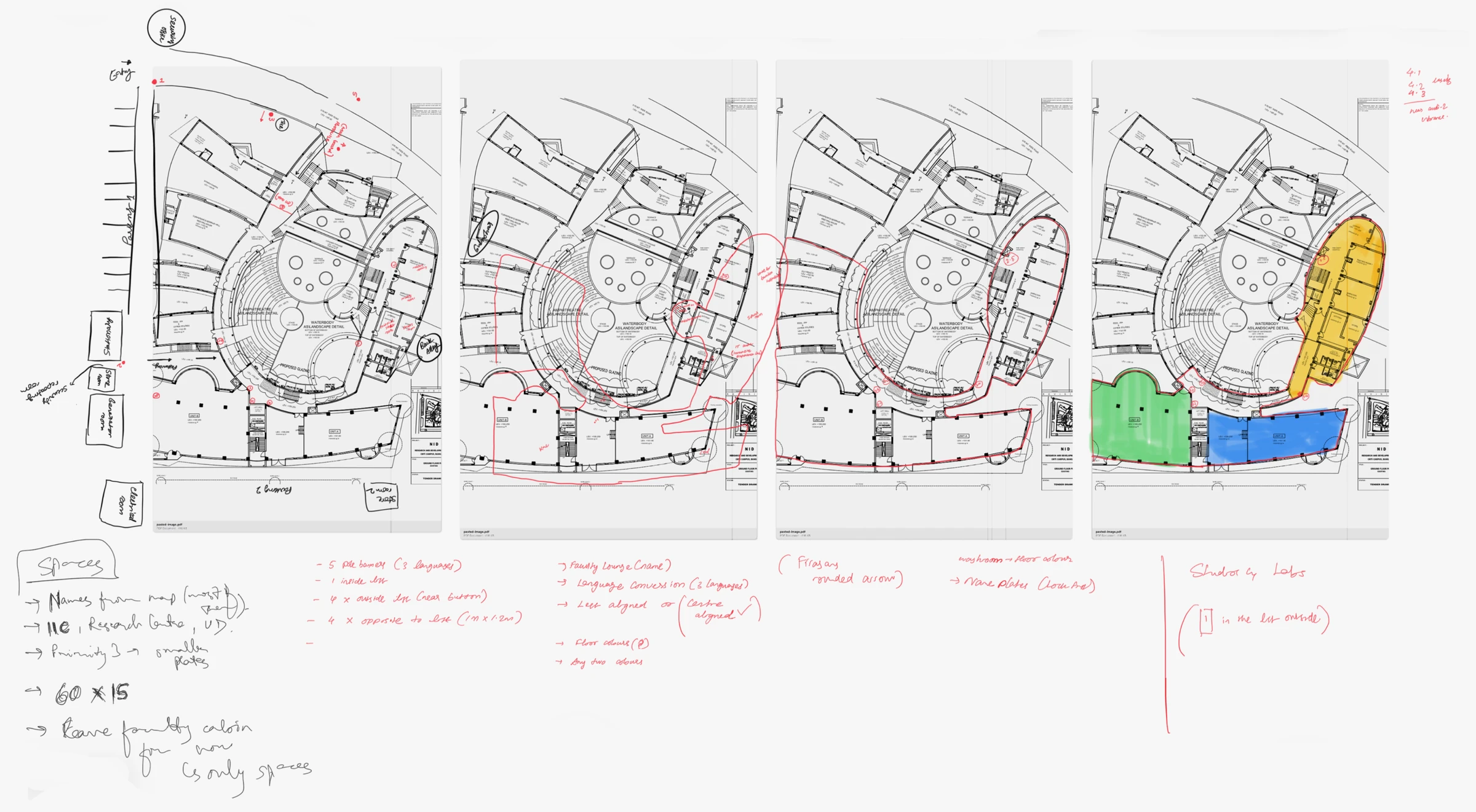 Annotated floor plans from the spatial audit with hand-drawn notes marking signage, decision points and zones