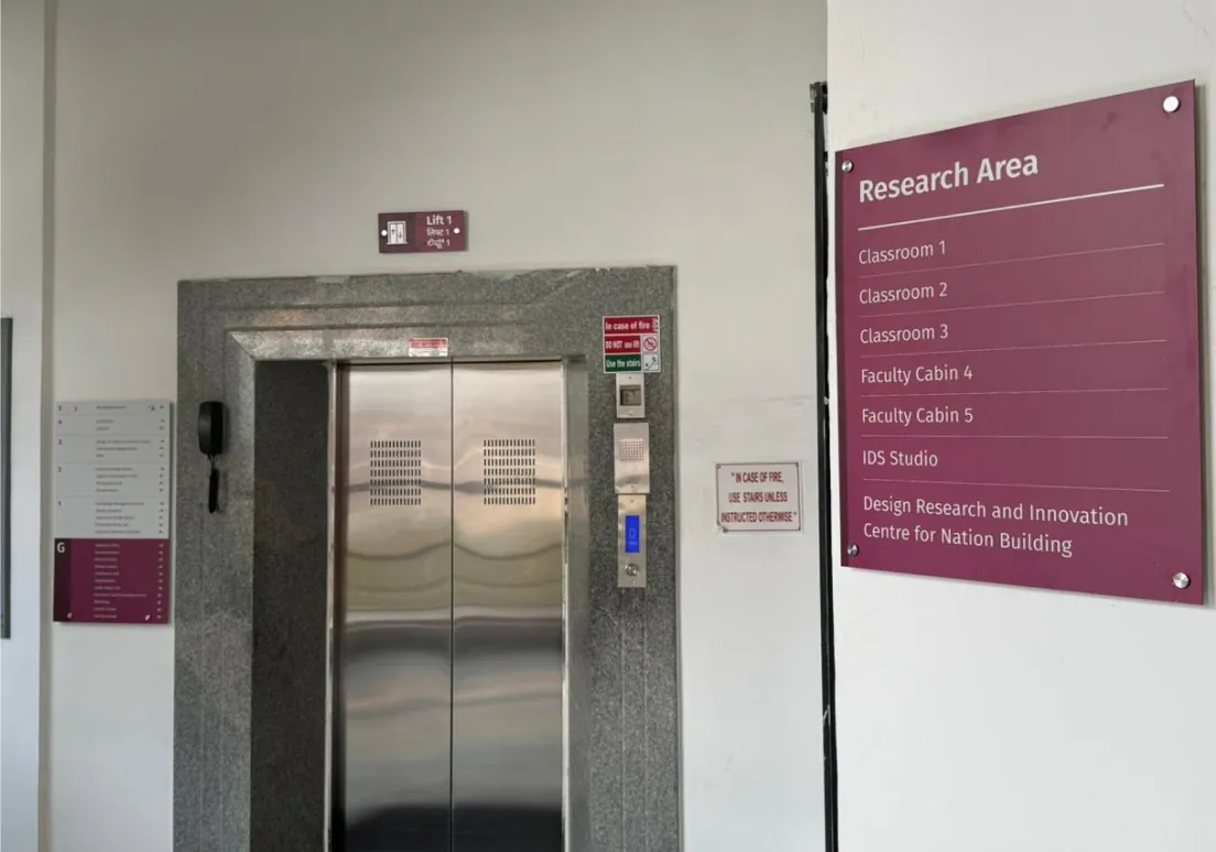 Pink floor directory sign beside the lift